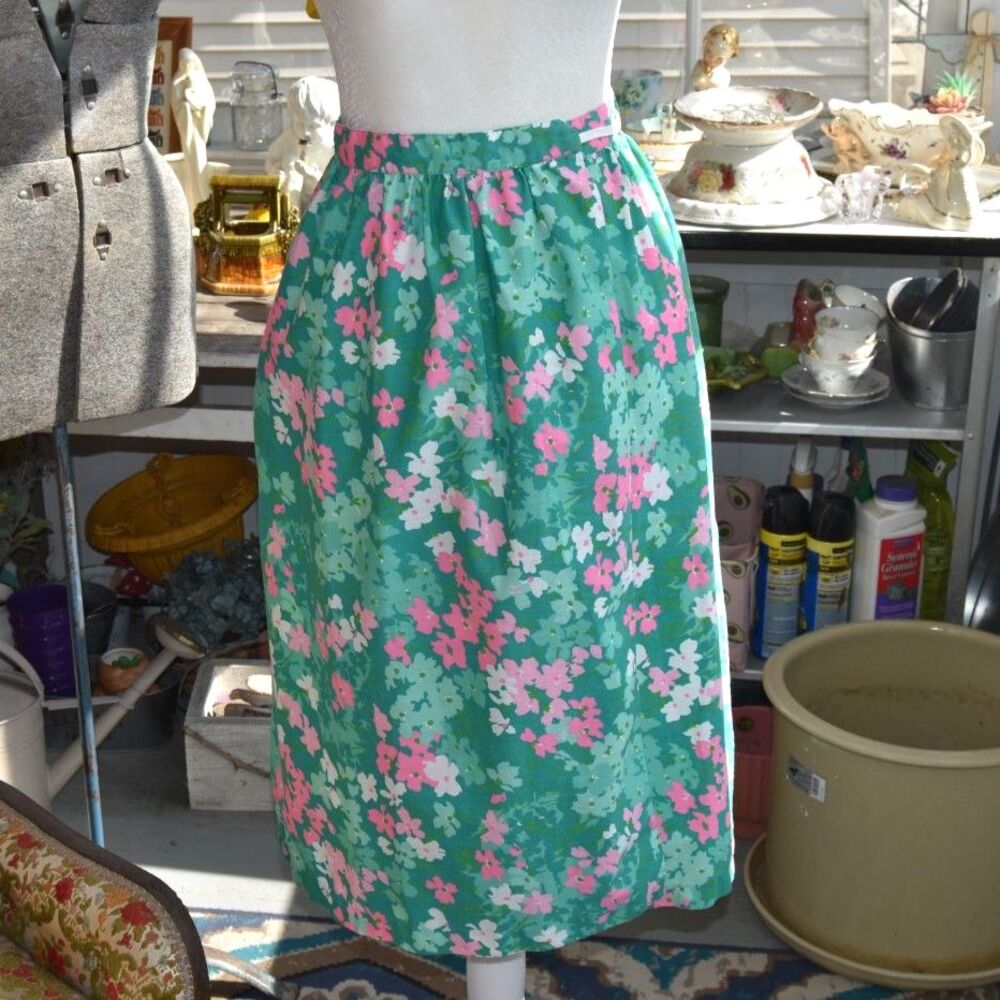 Vintage Poppy by Lanz Floral Midi Skirt Green Pink Cotton A Line Retro 70s Small